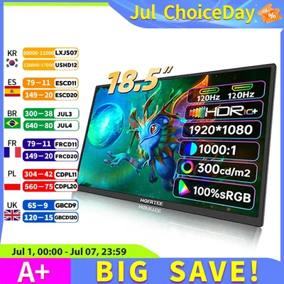 HGFRTEE 18.5인치 휴대용 모니터 ADS-IPS 120Hz RGB100% 확장 디스플레이 노트북 보조 화면 VESA 홀&스탠드 포함