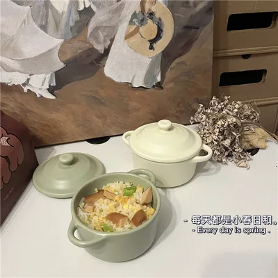 세라믹 작은 그릇 220ml, 덮은 이중 귀 그릇, 전자레인지, 에어프라이어 및 적합한 오븐