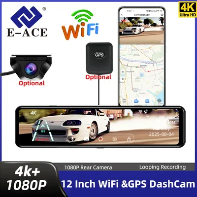 E-ACE A45P 4K WIFI GPS 차량용 DVR 12인치 터치 IPS 스크린 후방 카메라 옵션 포함 후방 거울형 블랙박스