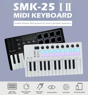 M-VAVE SMK-25 II MIDI 패드 컨트롤러 키보드 USB 미니 25 키, 16 RGB 드럼 패드, 8개의 손잡이 및 음악 제작, 소프트웨어 포함