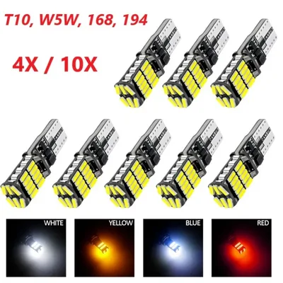 4/10 PCS 슈퍼 밝은 T10 W5W LED 전구 Canbus 12V/24V 노란색 녹색 흰색 자동차 인테리어 돔 의례 트렁크 번호판 조명