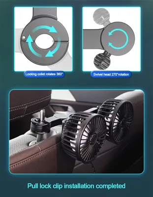 SEAMETAL 3단 속도 조절 차량용 시트 등받이 냉각 팬 USB 충전 듀얼 헤드 팬 360도 회전 넥 쿨러 (여름용 차량 액세서리)