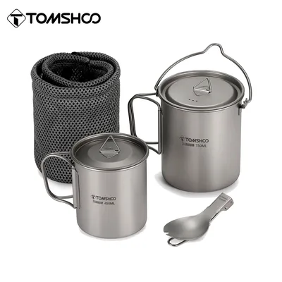 Tomshoo 3 PCS 티타늄 조리기구 세트 초경량 750ml 냄비 450ml 워터 컵 머그잔 w 뚜껑 접이식 스포크 야외 캠핑 배낭 여행