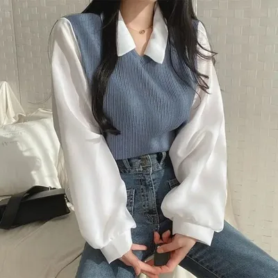 여름 블라우스 여성 한국 스타일 페이크 투피스 폴로 칼라 블라우스 Y2K 탑 스트리트웨어 루즈핏 젊은 감각 풀오버 우아한 셔츠