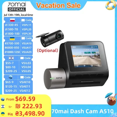 70mai A510 1944P HDR GPS ADAS 4G 연결 70mai 4G 전방 카메라 A510 차량용 블랙박스 24시간 주차 감시 후방 카메라