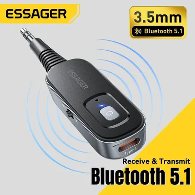 Essager 2 in1 Bluetooth 5.1 오디오 수신기 송신기 PC TV 차량용 스피커 용 마이크 스테레오 음악 무선 어댑터가있는 3.5MM 잭