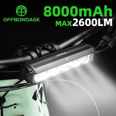 OFFBONDAGE 자전거 라이트 전면 2600루멘 자전거 라이트 8000mAh 방수 손전등 USB 충전 MTB 도로 사이클링 램프 액세서리
