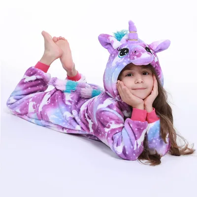 카와이 소녀 잠옷 겨울 보라색 유니콘 Onesie 후드 플러시 Kigurumi 점프 슈트 담요 슬리퍼 따뜻한 전체 어린이 Nightwear Pjs