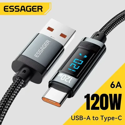 Essager 120W USB 유형 C 케이블 iPhone 15 14 13 12 용 고속 충전 USB C 충전기 코드 Led 디지털 디스플레이 케이블이있는 Huawei