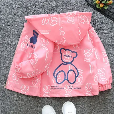 용수철 풀 프린팅 만화 곰 후드 바람막이, 십대 소녀 재킷, 2, 3, 4, 5, 6, 8, 10, 12 세 어린이 캐주얼 코트, 가을 신상