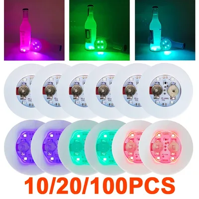 10-100PCS LED 플래시 코스터 조명 배터리 구동 빛나는 병 스티커 와인 컵 매트 램프 Ktv 바 파티 음료 컵 장식