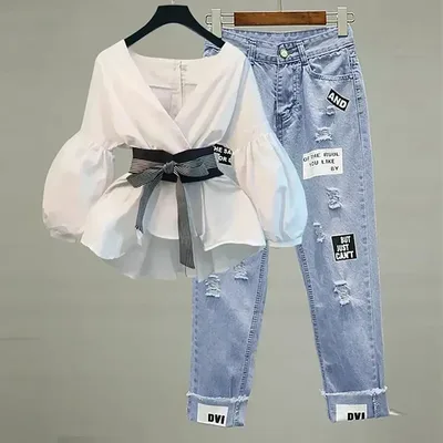 여성 우아한 v 넥 스트라이프 랜턴 슬리브 보우 벨트 트렌드 슬림 쉬폰 셔츠 탑과 한국 찢어진 청바지 Office Lady Casual Suit