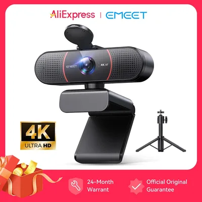 삼각대가 있는 웹캠 4K 웹 카메라 EMEET USB 컴퓨터 자동 초점 스트리밍 카메라(줌/팀즈/OBS/PC/맥/노트북용 마이크 포함)