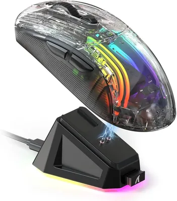 ATTACK 샤크 X2 프로 트리플 모드 무선 투명 쉘 게이밍 마우스, RGB 충전식, 4000 DPI 충전식 독 마우스
