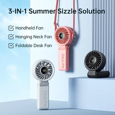 JISULIFE LED 디스플레이가 장착된 휴대용 핸드헬드 팬, 5단 속도, 5000mAh, 150 ° 접이식, 3-in-1 손/책상/목 다용도 개인용 선풍기