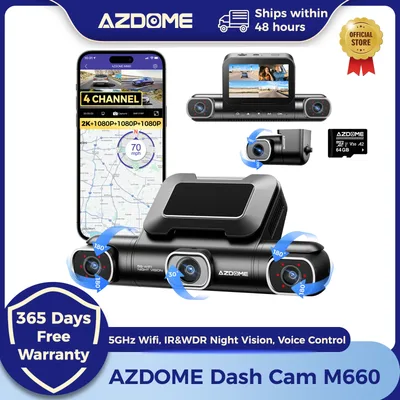 AZDOME M660 2.5K+3*1080P 4채널 차량용 블랙박스 GPS 5G 와이파이 무료 64GB 카드 음성 제어 24시간 주차 모니터링 슈퍼 야간 시야