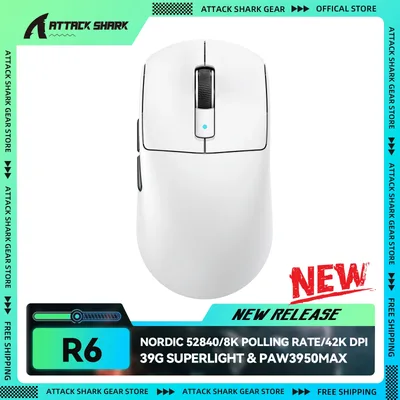 ATTACK SHARK R6 초경량 39g 무선 8K 게이밍 마우스, PAW3950MAX 센서, Nordic 52840, 42K DPI, 2.4G/BT/유선, PC/MAC용