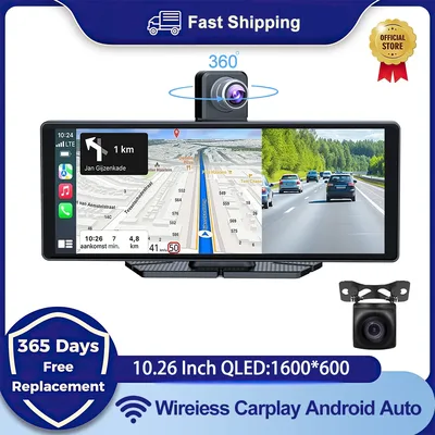 범용 10.26인치 차량용 지능형 4K 360 °   Rotatio 자동차 DVR 대시 캠 무선 CarPlay 및 Android 자동 블루투스 WIFI 후면 반전