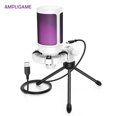 퀵 음소거 기능이 있는 AmpliGame USB 게이밍 마이크, PC, PS5, 노트북 스트리밍, 팟캐스팅용 삼각대가 있는 RGB 콘덴서 마이크 -A2W 화이트
