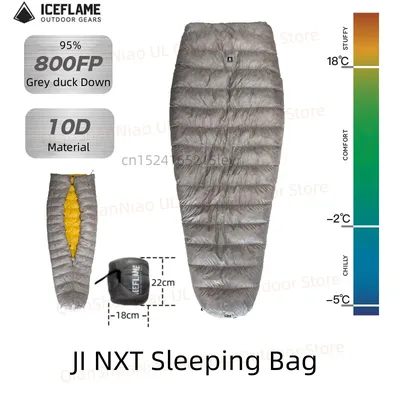 Ice Flame JI NXT 800FP 미라 밑바닥 침낭 야외 캠핑 그레이 오리 다운 퀼트 하이킹 발수