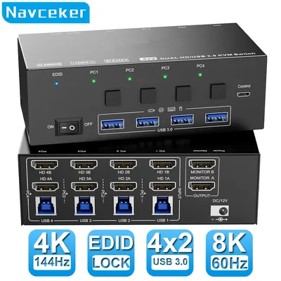 Navceker 듀얼 모니터 공유 키보드 마우스, 8K KVM 스위치, HDMI 4 포트, 4K 144Hz USB 3.0 KVM 스위치, 4 PC 2 모니터 EDID 에뮬레이터