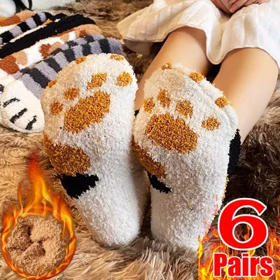 여자를위한 봉제 만화 고양이 발 양말 여자 겨울 따뜻한 두꺼운 양털 잠자는 양말 재미 있은 카와이 개 고양이 발 패턴 양말