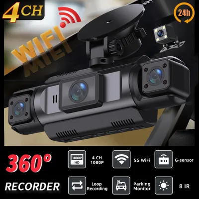 차량용 블랙박스 4채널 WiFi 주행 카메라 FHD 1080P 전방 좌측 우측 후방 야간 시야 루프 녹화 하드와이어 키트 추가