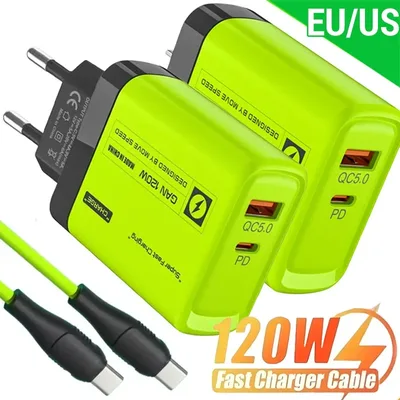 120W USB C 2 포트 충전기 키트, 녹색 벽 플러그, EU/US 어댑터, 고속 충전, 아이폰, 아이패드, 삼성, 샤오미, USB C 타입 데이터 케이블