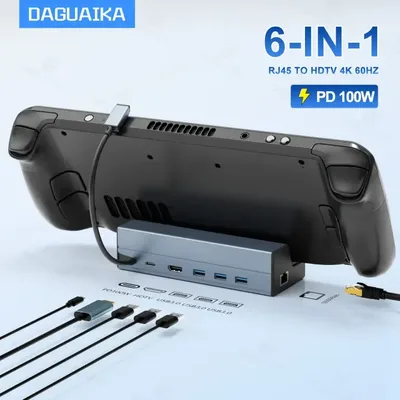 스팀 덱 독 6 in 1 스팀 덱/로그 앨리 2023 도킹 스테이션 스탠드 3*USB 3.0 HDTV 4K@60Hz 기가비트 이더넷 PD 100W 허브