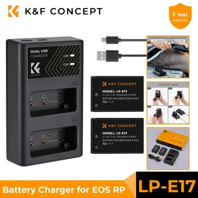 K&F CONCEPT LP-E17 배터리 및 듀얼 USB 충전기 (캐논 EOS R100 R8 R50 RP R10 Rebel T8i T7i T6i T6s SL2 SL3 EOS M3 M5 카메라용)