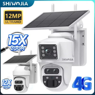 SHIWOJIA 12MP 6K 15X 줌 태양열 카메라 4G 듀얼 스크린 야외 3 렌즈 7800mAh 배터리 카메라 PIR 감지 자동 추적 CCTV