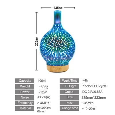 X09A3D 불꽃 놀이 유리 USB 공기 가습기 7 색 Led 야간 조명 아로마 오일 디퓨저 쿨 안개 메이커 블랙 EU 플러그