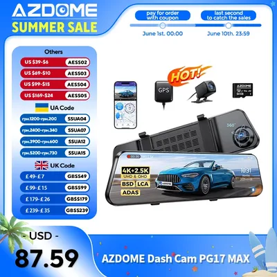 AZDOME PG17 MAX 전후방 블랙박스 12인치 터치스크린 차량용 DVR 4K+2.5K 후방카메라 GPS WIFI 음성 제어 ADAS