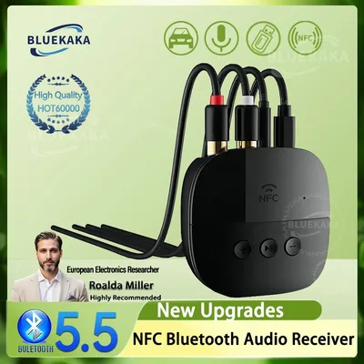 새로운 업그레이드 NFC 블루투스 5.2 오디오 수신기 R/L RCA 3.5mm AUX USB 스테레오 무손실 음악 무선 어댑터 U-디스크/TF 카드 재생 마이크 핸즈프리 통화 차량용 키트 스피커 앰프 지원