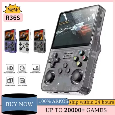 R36S 레트로 휴대용 게임기 오리지널 아르코스 시스템 3.5인치 IPS 화면 휴대용 포켓 비디오 플레이어 게임 64GB 128GB 소년 선물