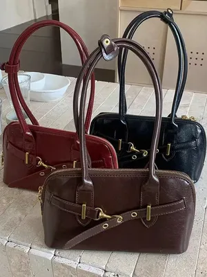 오리지널 레트로 핸드헬드 통근 가방 여성용 대용량 겨드랑이 가방 볼링 가방 토트 백 더블 스트랩 지퍼 클로저 PU 가죽