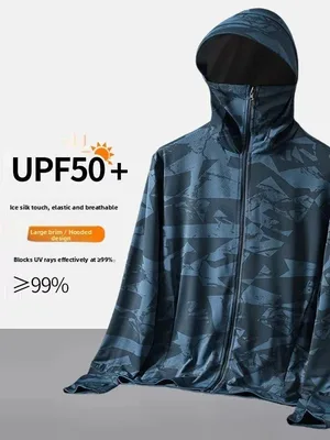 남성용 위장 자외선 차단 의류 UPF50 아이스 실크 얇은 통기성 여름 낚시 특수 대형 챙 모자 야외 의류