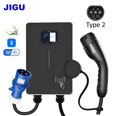 JIGU 전기 자동차 자동차 충전소 단상 230V 32A 7KW 유형 2 Wallbox 3상 380V 11KW 22KW EV 충전기(CEE 플러그 포함)
