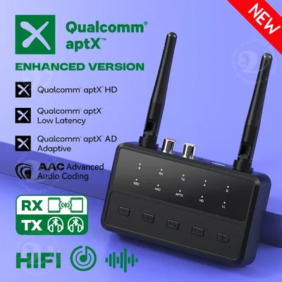 데스크탑 aptX-Adaptive AD/HD/LL AAC 2 in 1 블루투스 오디오 송신기 수신기 3.5MM AUX RCA 스테레오 HiFi 음악 멀티포인트 무선 어댑터 (PC, TV, 차량, 헤드폰, 스피커용)