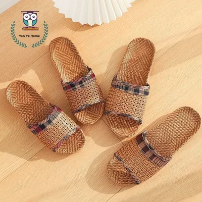 수제 여름 린넨 대나무 슬리퍼 통기성 미끄럼 방지 실내 홈 잔디 매트 바닥 커플 매칭 슬립온 신발