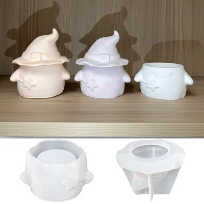 1PC 유령 실리콘 수지 금형, 3D 유령 보관 상자 (마녀 모자 디자인 포함), DIY 크리스탈 에폭시 수지 촛대 항아리 금형,
