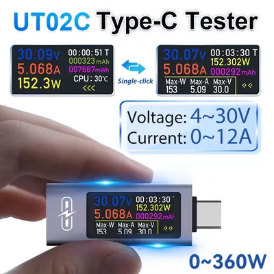UT02C USB 컬러 스크린 Type-C 테스터 전압 전류계 DC4-30V 12A 고속 충전 테스트 CPU 온도 모니터 전압 전류 전력계