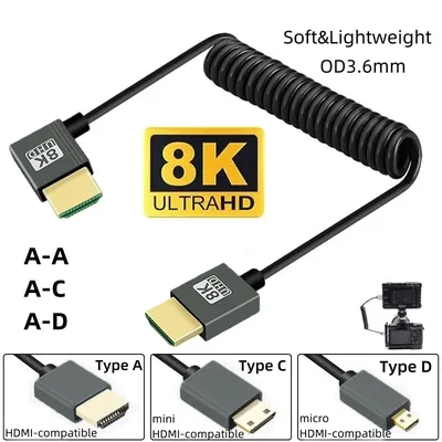8K UHD 케이블 HDTV 노트북 PC PS4 카메라 DV 모니터 디스플레이용 고속 HDMI 호환 미니/마이크로 HDMI 호환 코일 코드