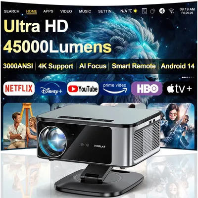 2025 HORLAT 45000 루멘 4K UHD 프로젝터 레이저 TOF 포커스 안드로이드 14 WiFi 6 1080P 풀 HD 주간 시청 가능 홈시어터 영화 프로젝터