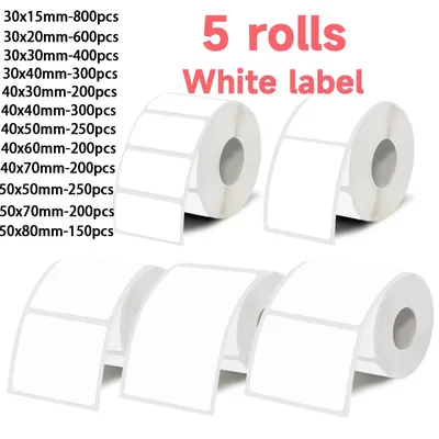 화이트 라벨 스티커 5롤, 폭 30Mm/40Mm/50Mm, M110/M221/M220/M120/M200 등과 호환 가능, 휴대용 핸드헬드 열전사 라벨 프린터, 사무실, 비즈니스 및 가정용 라벨링용, 널리 사용됨