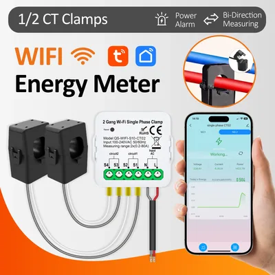 투야 와이파이 스마트 에너지 미터 AC100-240V 1/2CT 클램프 앱 제어 80A 전력 모니터 전기 통계