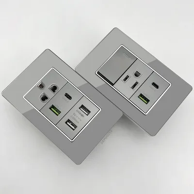 회색 강화유리 미국식 USB C타입 20W 스마트 고속 충전 벽면 콘센트 플러그, 멕시코 태국 듀얼 USB 전원 콘센트 조명 스위치