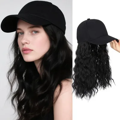 18 인치 합성 롱 웨이브 컬리 야구 모자 헤어 익스텐션 조정 가능한 블랙 금발 Hairpece 모자 가발 여성용