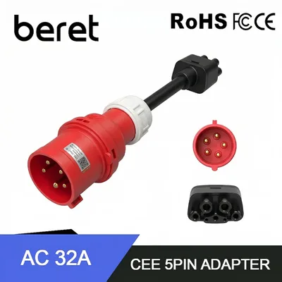 테슬라 차량용 베레트 CEE 5핀 레드 어댑터 (모델 S,3,X,Y 2세대 EV 충전기용) 유니버셜 모바일 커넥터 32A 레드 어댑터