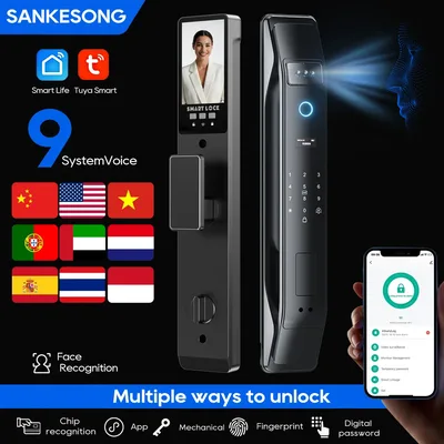SANKESONG Tuya 스마트 3D 얼굴 도어 잠금 보안 카메라 모니터 지능형 지문 암호 생체 인식 전자 키 잠금 해제